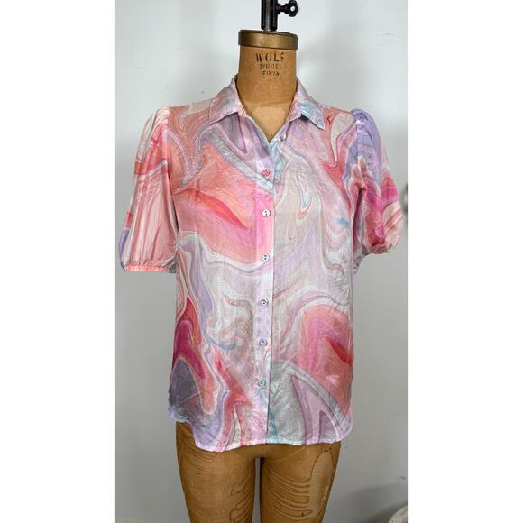 Johnny Was Watercolor Marble Print Blouse | Sheer Puff Sleeve Button Up |Size XS - Picture 2 of 6